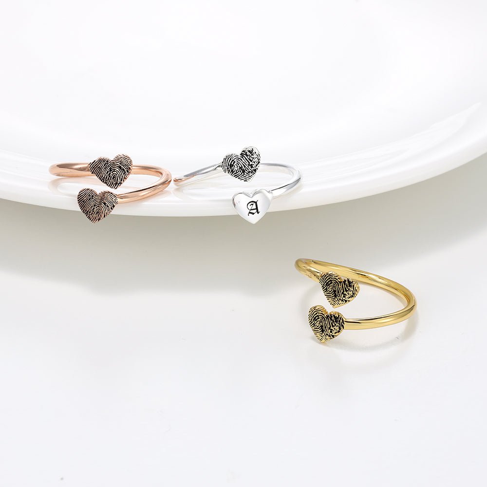 Personalized fingerprint & initials open hearts ring, 925 sterling silver, adjustable, 3.00g.
