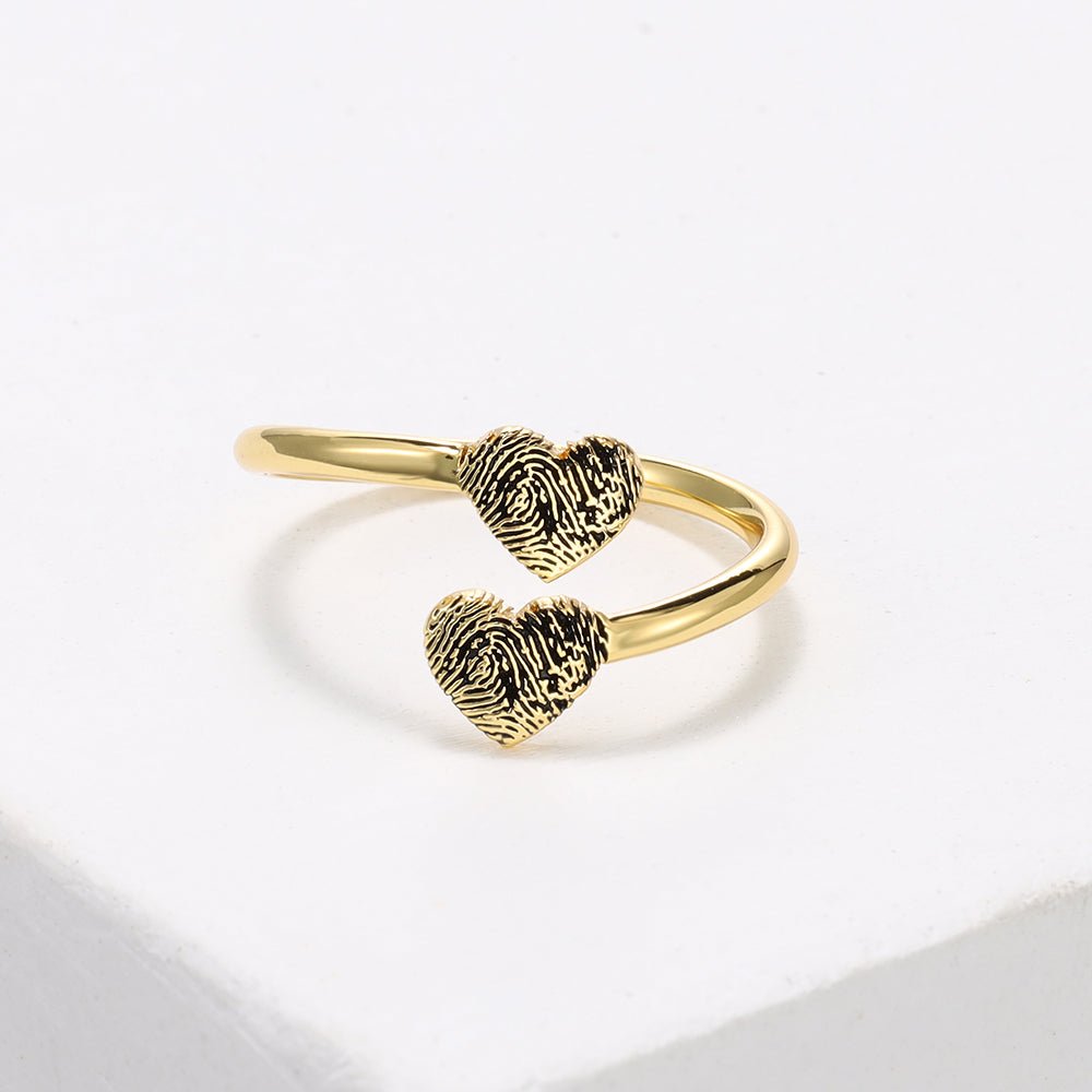 Personalized fingerprint & initials open hearts ring, 925 sterling silver, adjustable, 3.00g.