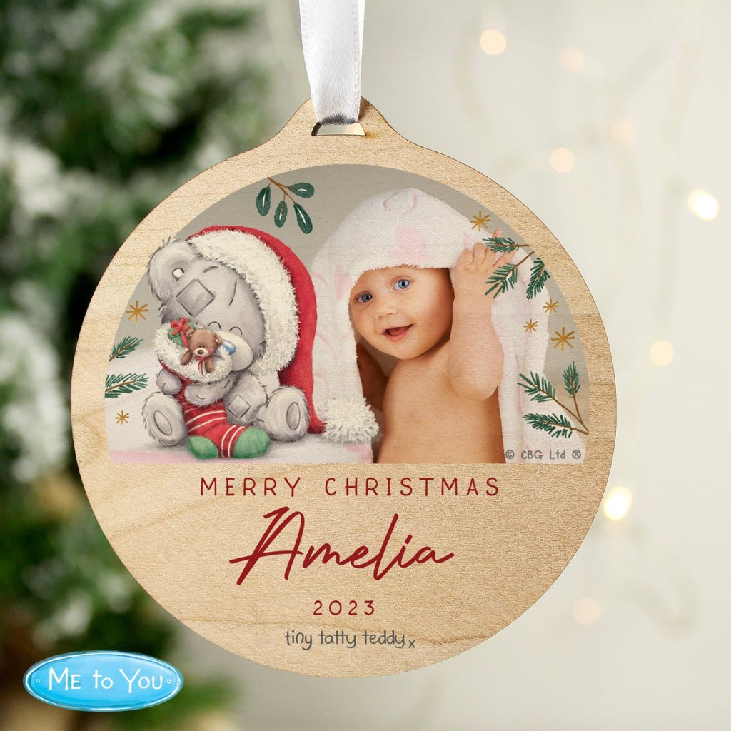 Personalised First Christmas Tiny Tatty Teddy Photo Upload Round Wooden Decoration - Engraved Memories
