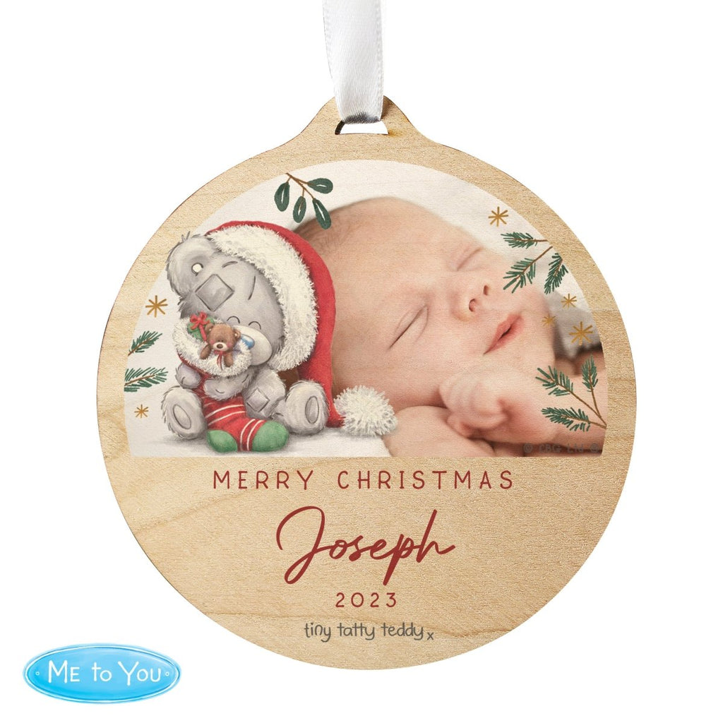 Personalised First Christmas Tiny Tatty Teddy Photo Upload Round Wooden Decoration - Engraved Memories