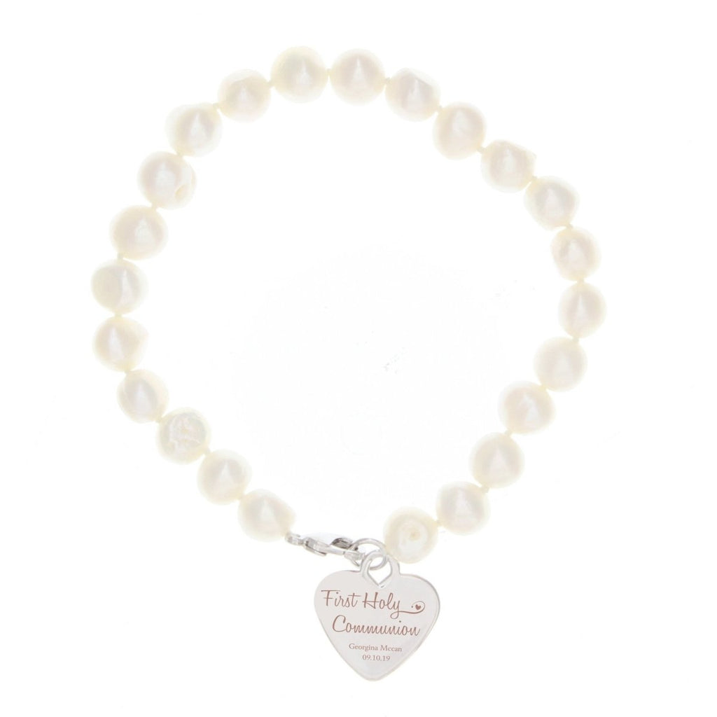 Personalised First Holy Communion Swirls & Hearts White Freshwater Pearl Bracelet - Engraved Memories