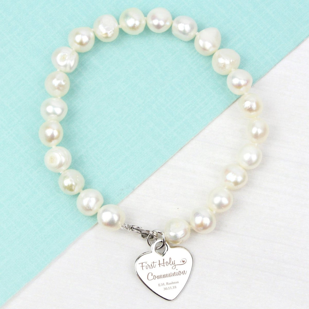 Personalised First Holy Communion Swirls & Hearts White Freshwater Pearl Bracelet - Engraved Memories