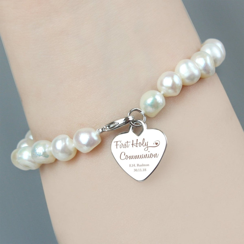 Personalised First Holy Communion Swirls & Hearts White Freshwater Pearl Bracelet - Engraved Memories
