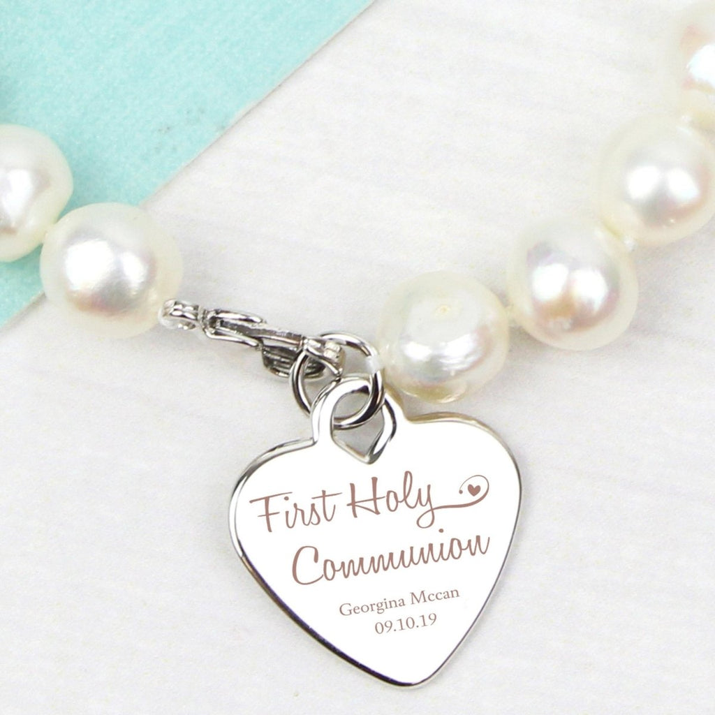 Personalised First Holy Communion Swirls & Hearts White Freshwater Pearl Bracelet - Engraved Memories