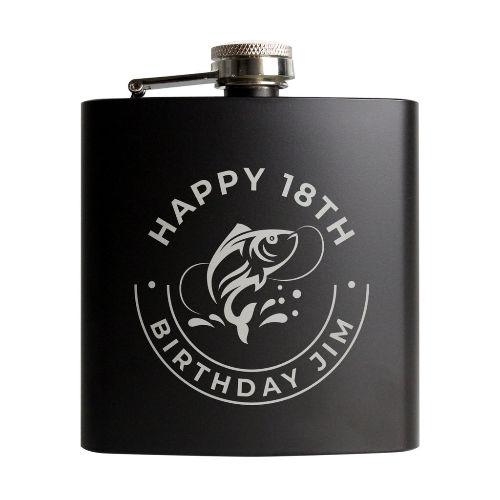 Personalised Fishing Black Hip Flask, Father's day Gift for Men - Engraved Memories