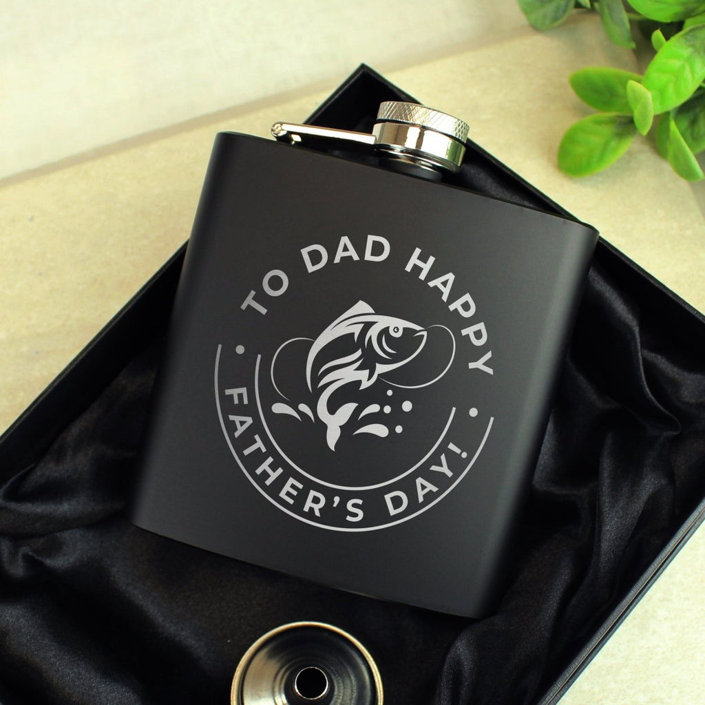 Personalised Fishing Black Hip Flask, Father's day Gift for Men - Engraved Memories