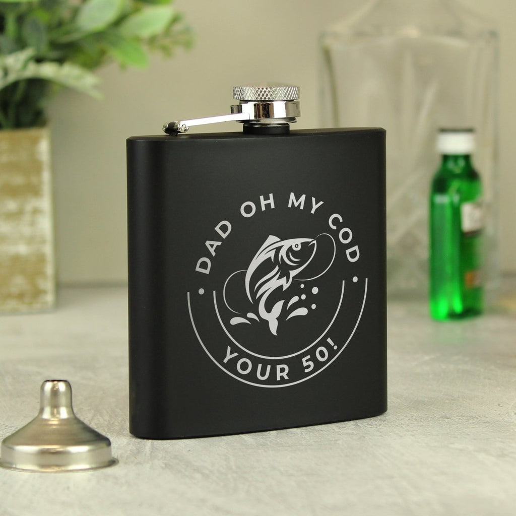 Personalised Fishing Black Hip Flask, Father's day Gift for Men - Engraved Memories