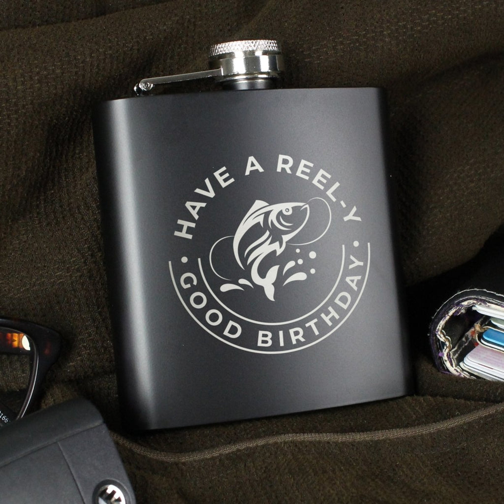 Personalised Fishing Black Hip Flask, Father's day Gift for Men - Engraved Memories