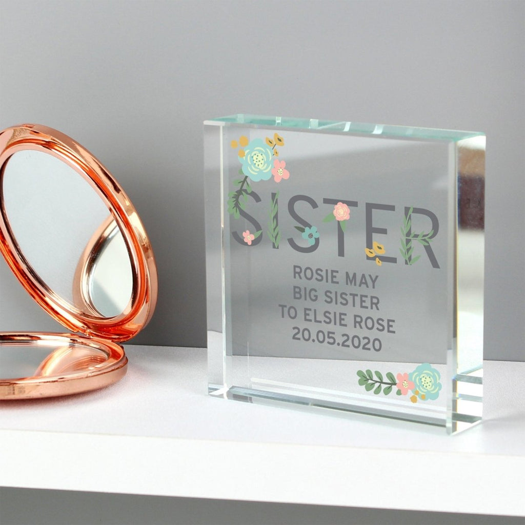 Personalised Floral Sister Large Crystal Token - Engraved Memories