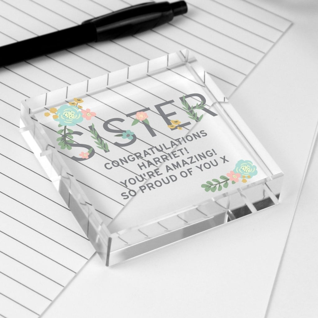 Personalised Floral Sister Large Crystal Token - Engraved Memories
