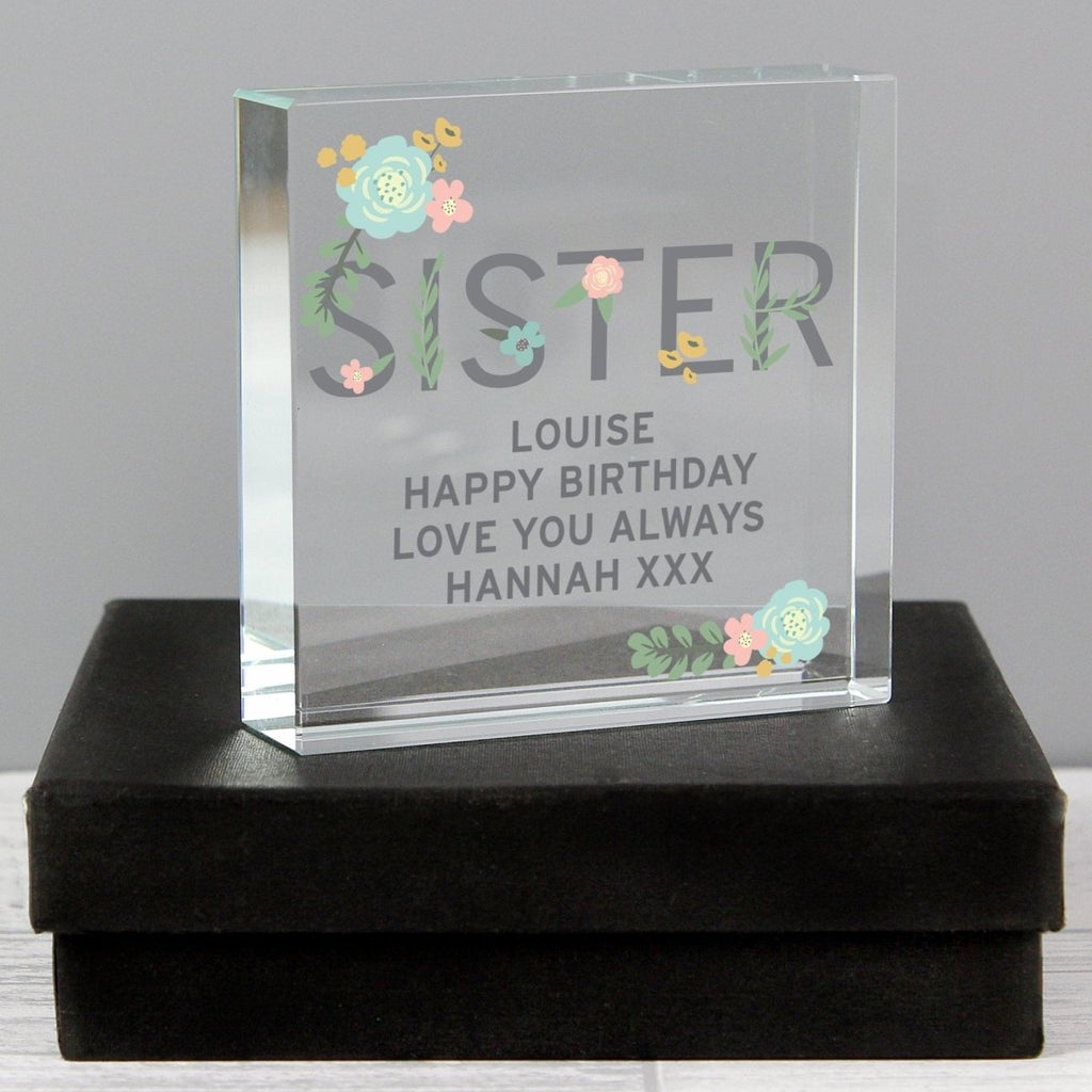 Personalised Floral Sister Large Crystal Token - Engraved Memories