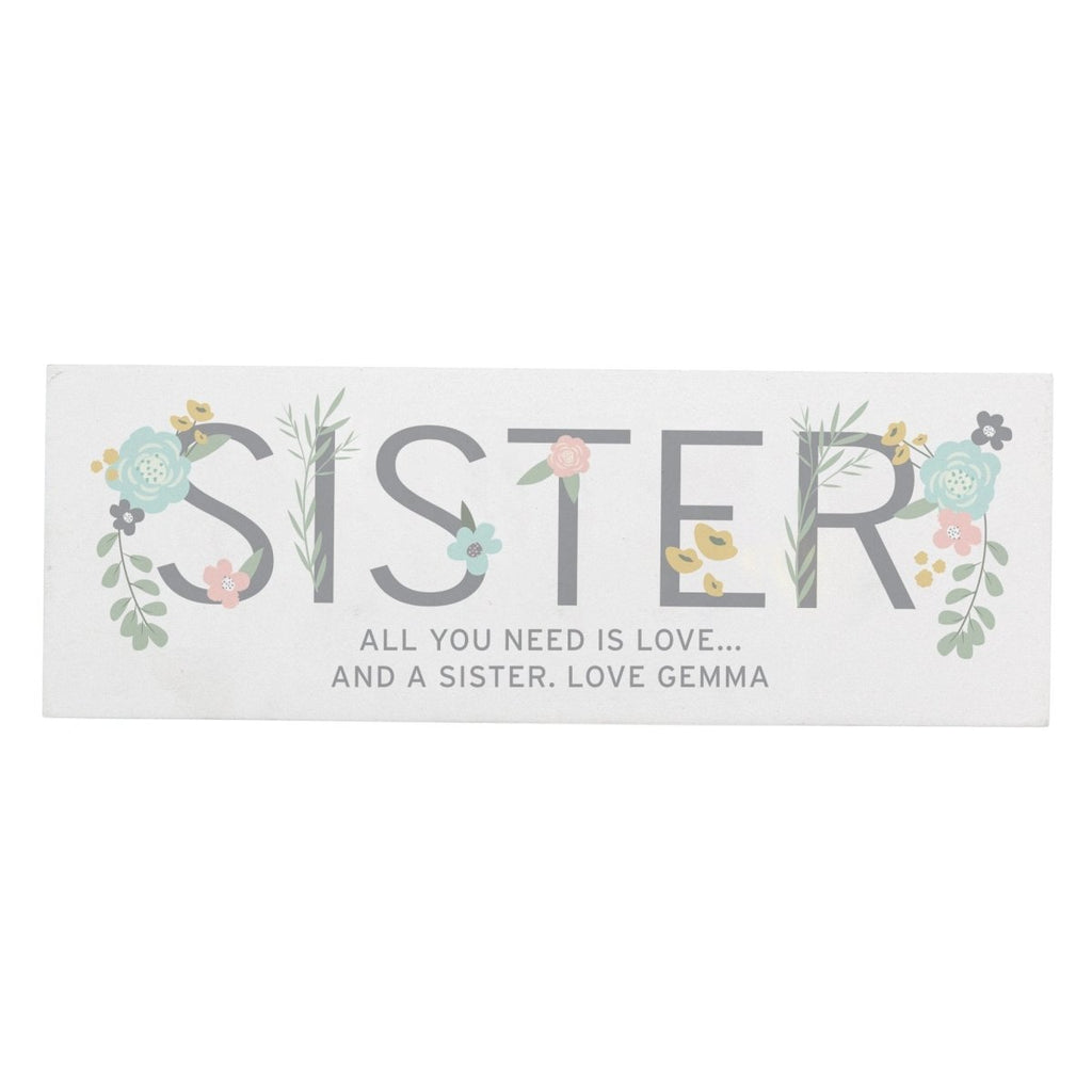 Personalised Floral Sister Wooden Block Sign - Engraved Memories