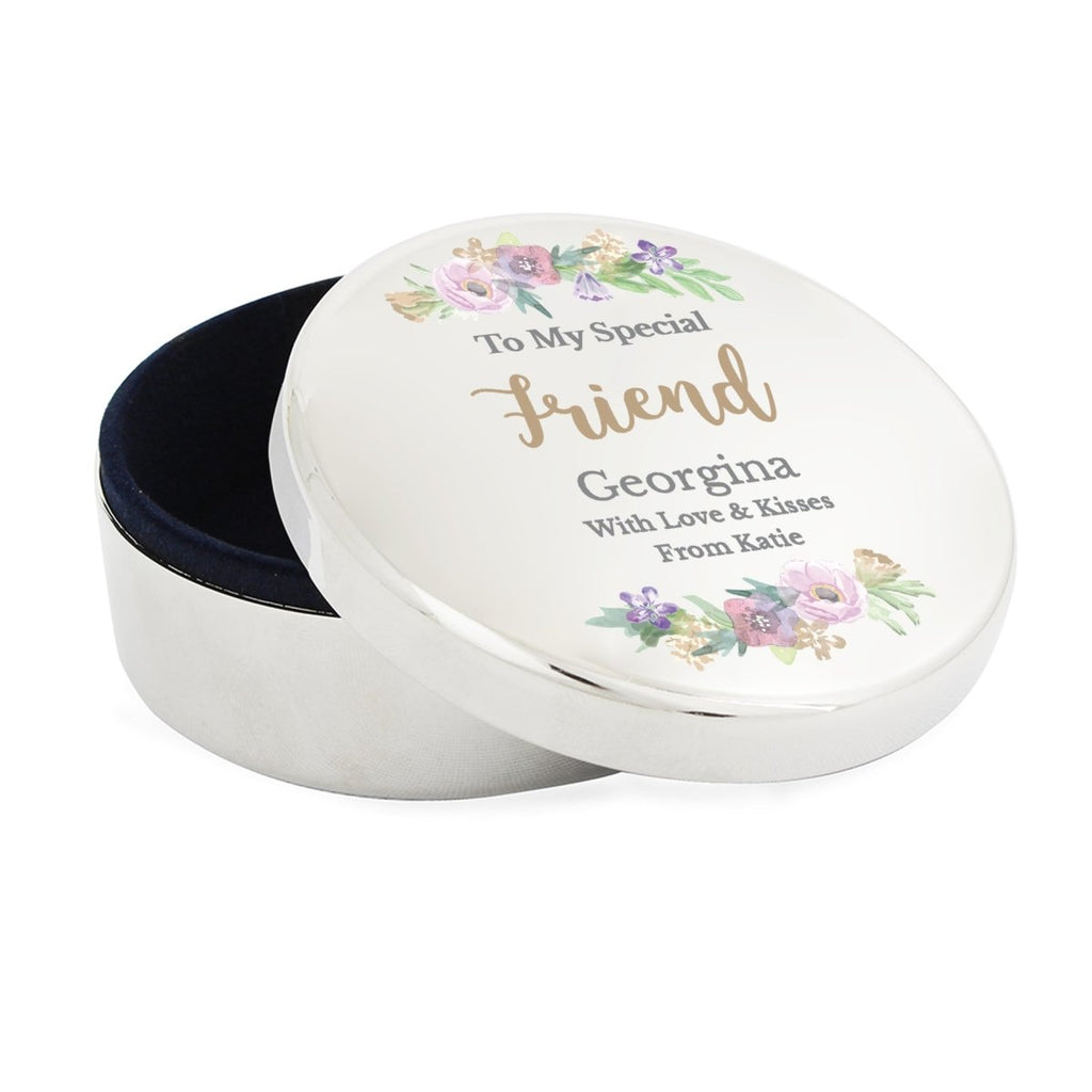 Personalised Floral Watercolour Round Trinket Box, Wedding Bridesmaid Gift - Engraved Memories