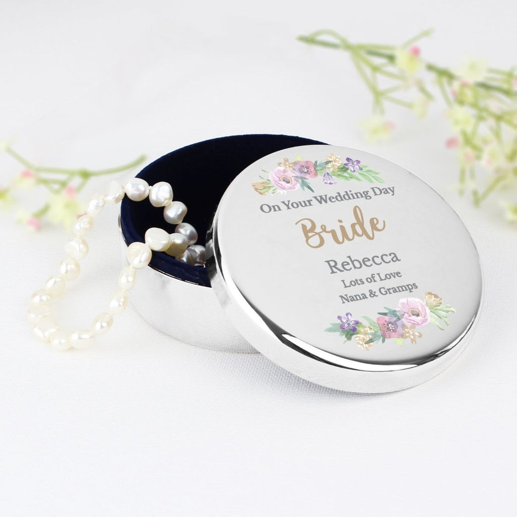 Personalised Floral Watercolour Round Trinket Box, Wedding Bridesmaid Gift - Engraved Memories