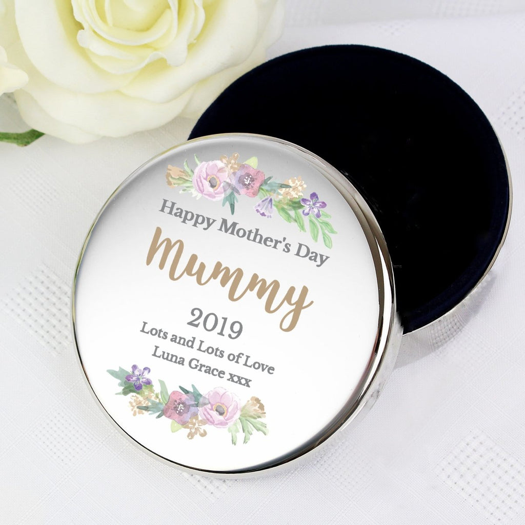 Personalised Floral Watercolour Round Trinket Box, Wedding Bridesmaid Gift - Engraved Memories