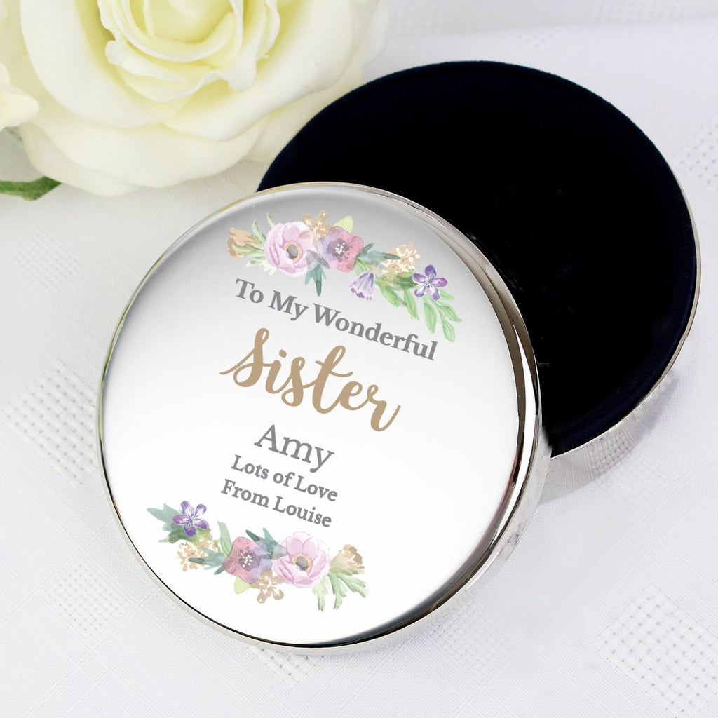 Personalised Floral Watercolour Round Trinket Box, Wedding Bridesmaid Gift - Engraved Memories