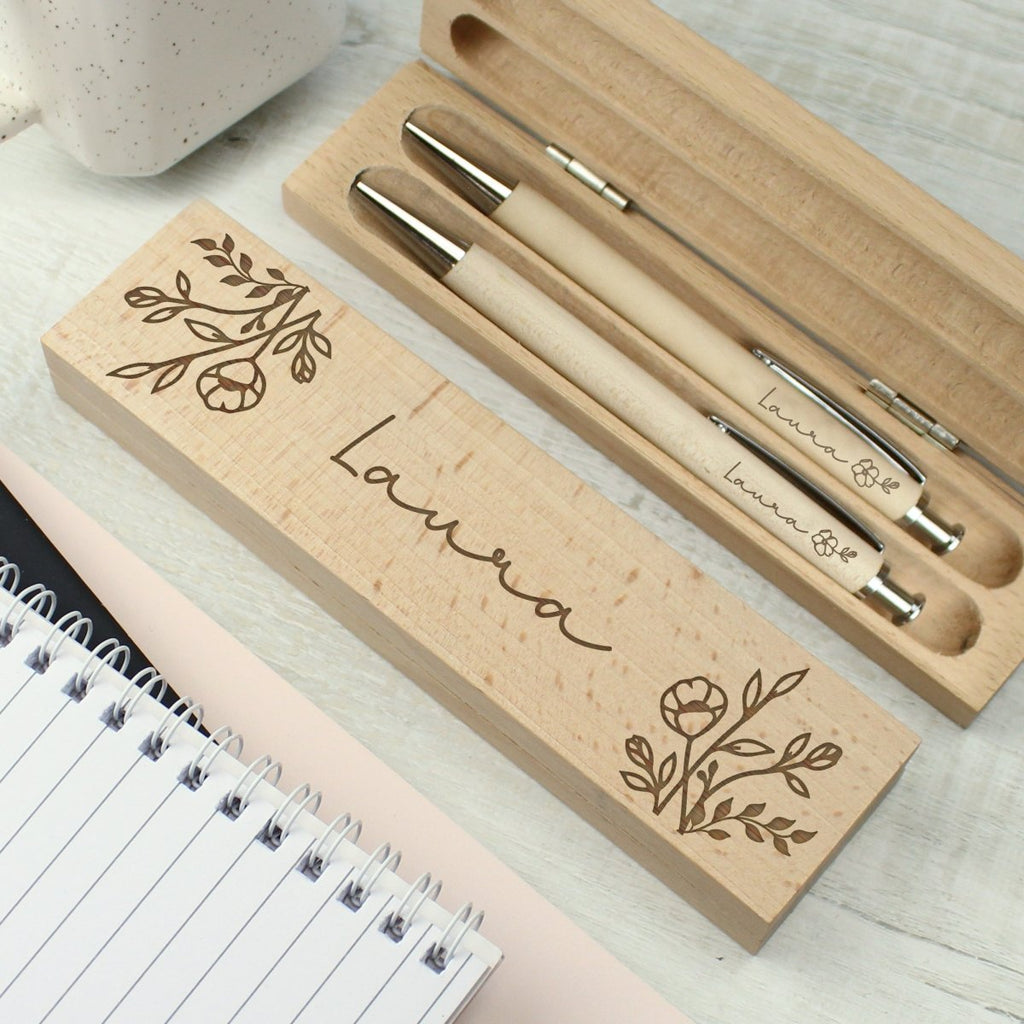 Personalised Floral Wooden Pen and Pencil Set - Engraved Memories