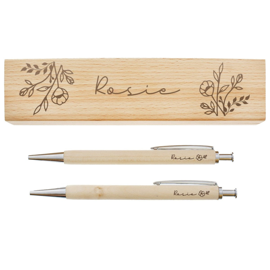 Personalised Floral Wooden Pen and Pencil Set - Engraved Memories