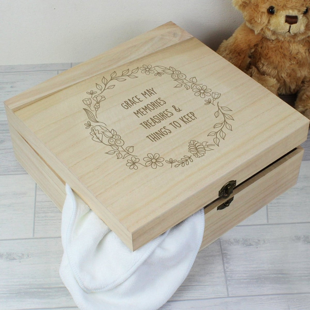 Personalised Floral Wreath Large Wooden Keepsake Box - Engraved Memories