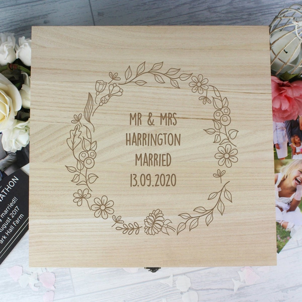 Personalised Floral Wreath Large Wooden Keepsake Box - Engraved Memories