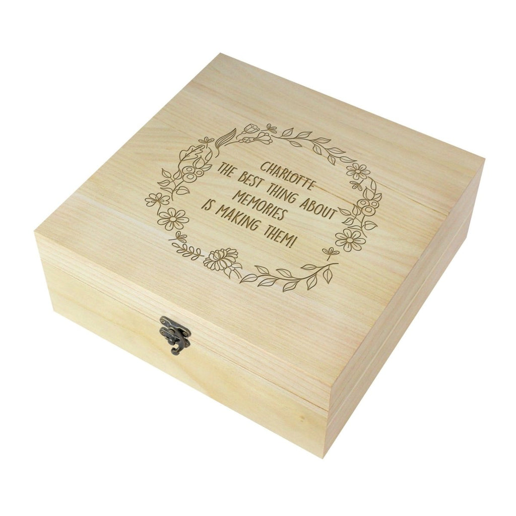 Personalised Floral Wreath Large Wooden Keepsake Box - Engraved Memories