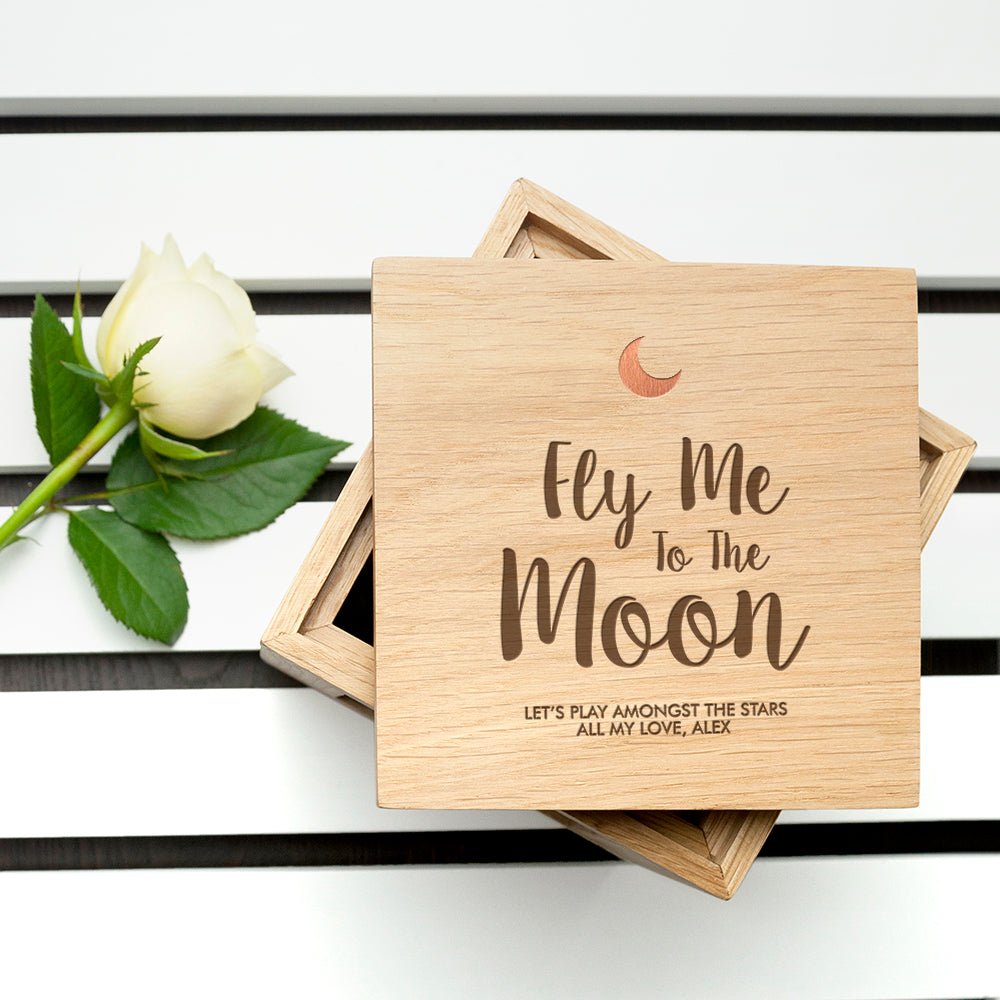 Personalised Fly Me To The Moon Oak Photo Cube - Engraved Memories