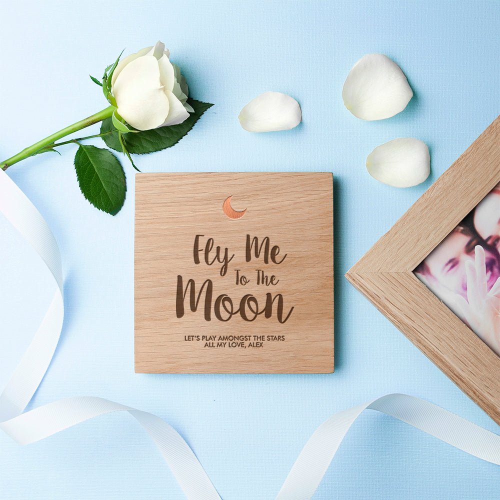 Personalised Fly Me To The Moon Oak Photo Cube - Engraved Memories