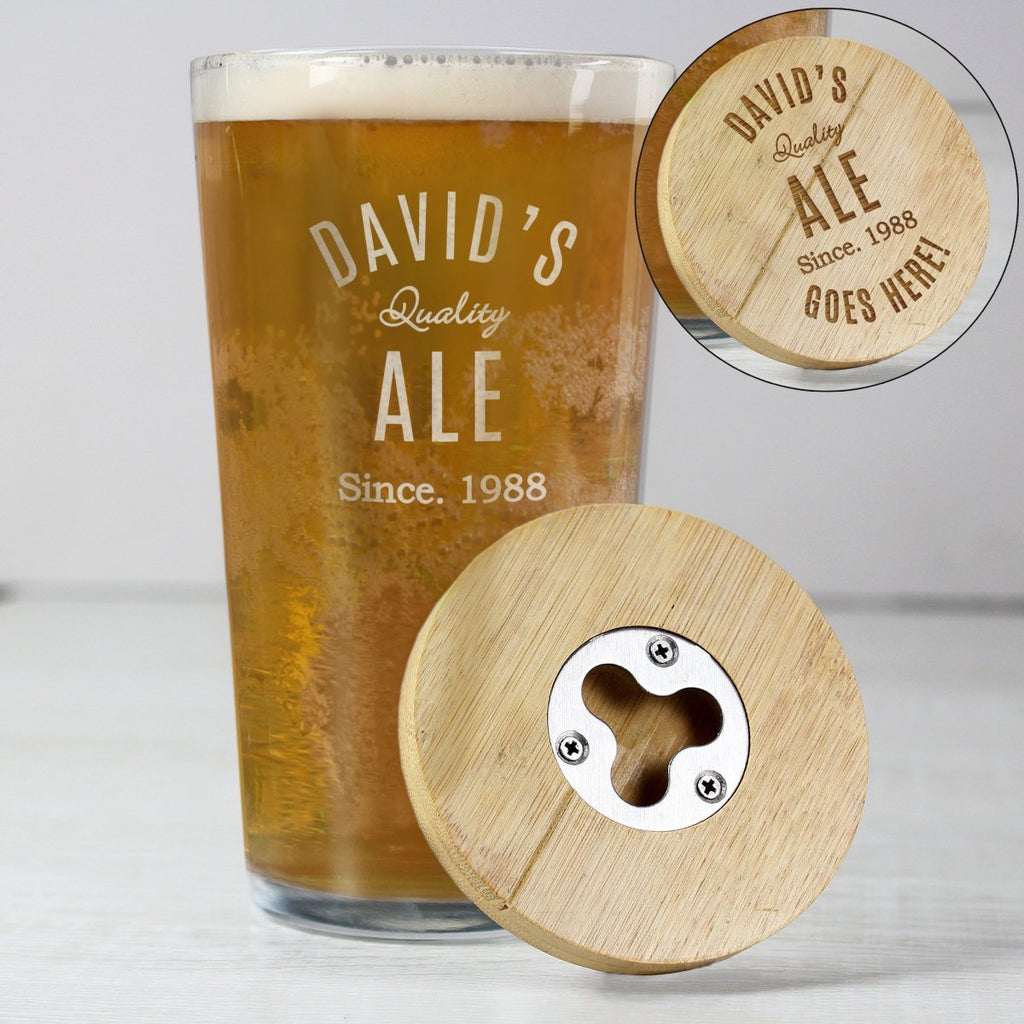 Personalised Free Text Bamboo Bottle Opener Coaster and Pint Glass, Father's day Gift for Men - Engraved Memories