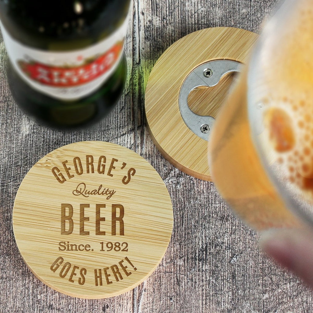 Personalised Free Text Bamboo Bottle Opener Coaster and Pint Glass, Father's day Gift for Men - Engraved Memories