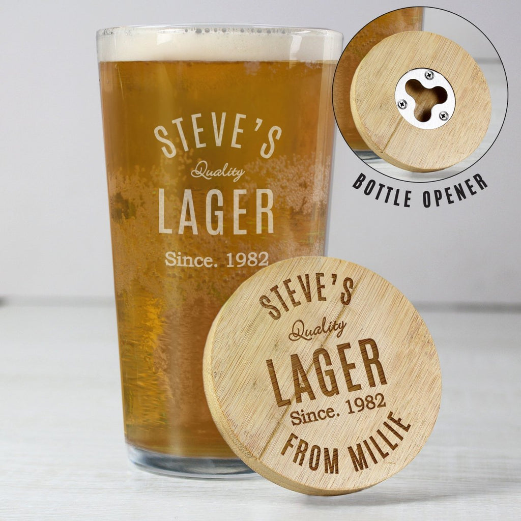 Personalised Free Text Bamboo Bottle Opener Coaster and Pint Glass, Father's day Gift for Men - Engraved Memories