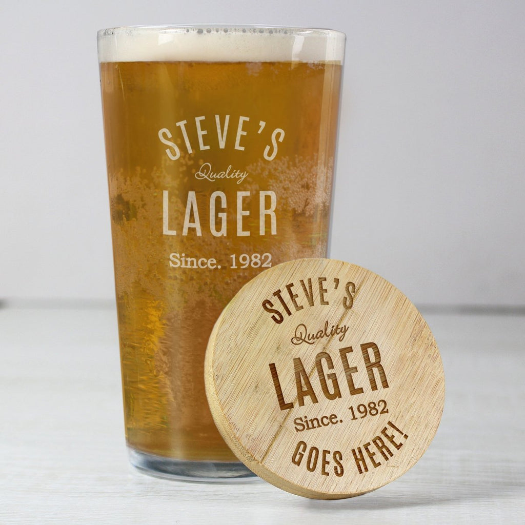 Personalised Free Text Bamboo Bottle Opener Coaster and Pint Glass, Father's day Gift for Men - Engraved Memories