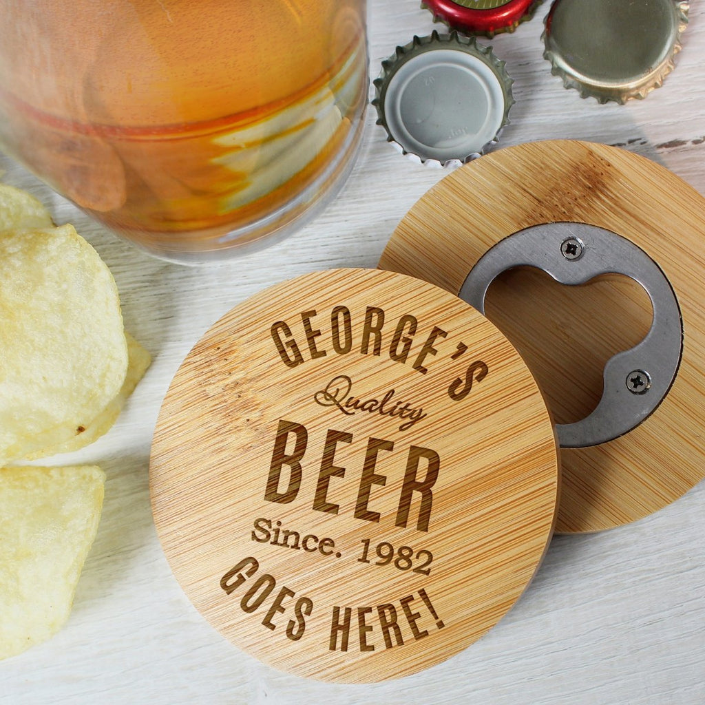 Personalised Free Text Bamboo Bottle Opener Coaster and Pint Glass, Father's day Gift for Men - Engraved Memories