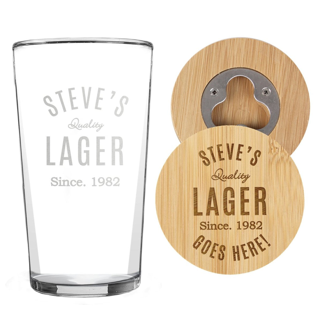 Personalised Free Text Bamboo Bottle Opener Coaster and Pint Glass, Father's day Gift for Men - Engraved Memories