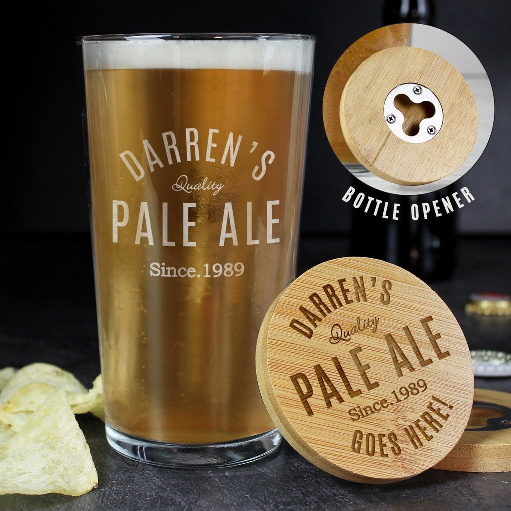 Personalised Free Text Bamboo Bottle Opener Coaster and Pint Glass, Father's day Gift for Men - Engraved Memories