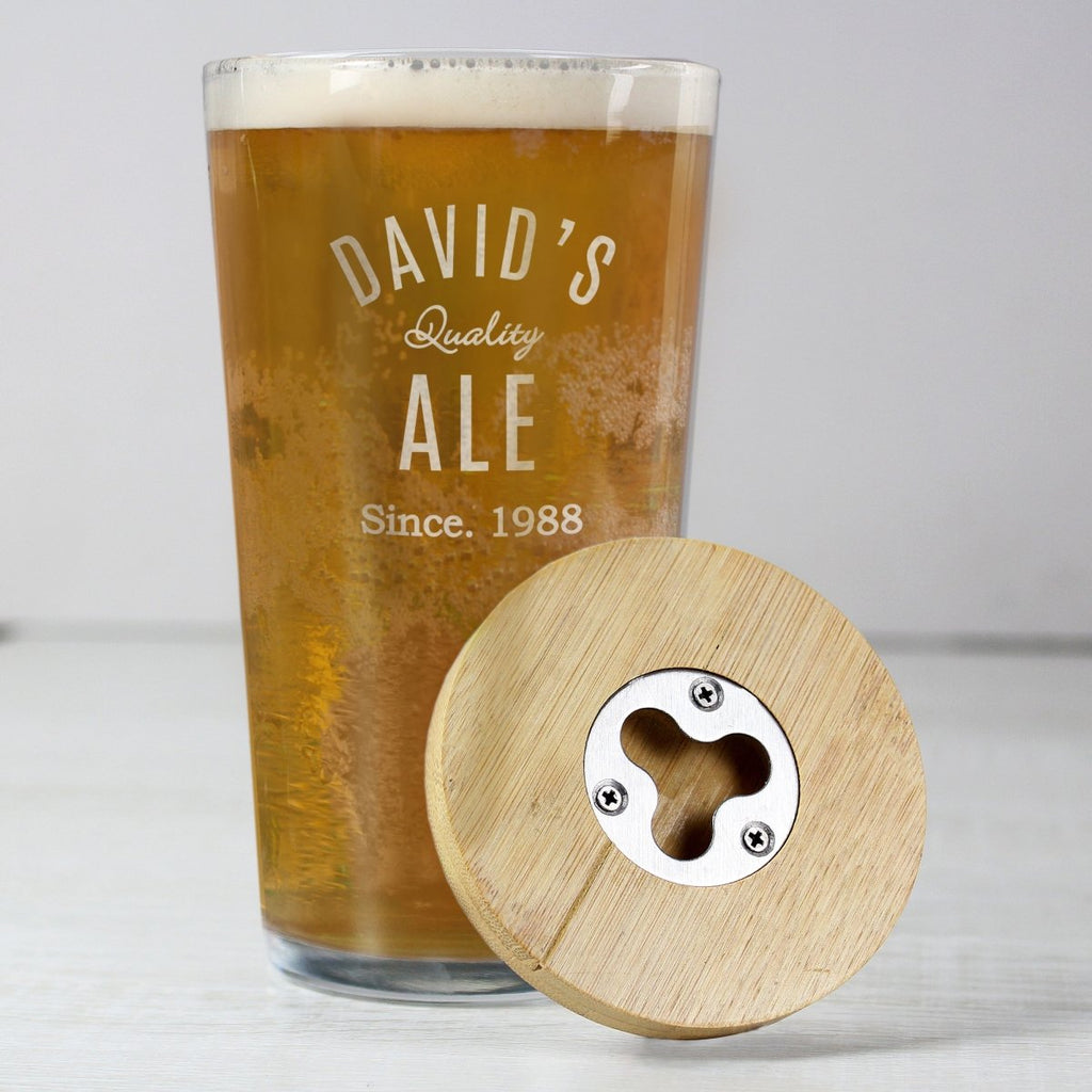 Personalised Free Text Bamboo Bottle Opener Coaster and Pint Glass, Father's day Gift for Men - Engraved Memories