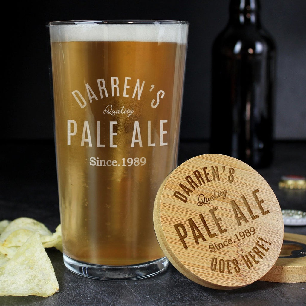 Personalised Free Text Bamboo Bottle Opener Coaster and Pint Glass, Father's day Gift for Men - Engraved Memories