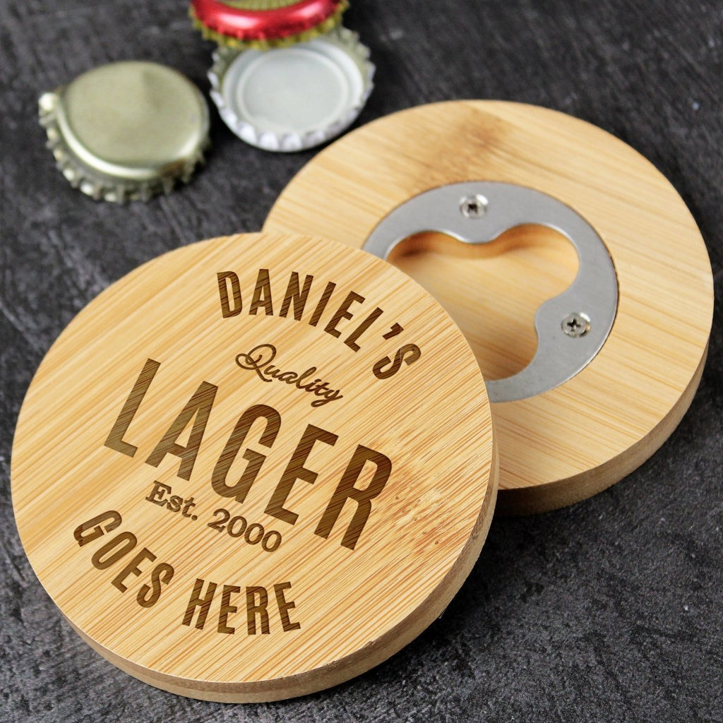 Personalised Free Text Bamboo Bottle Opener Coaster, Father's day Gift for Men - Engraved Memories