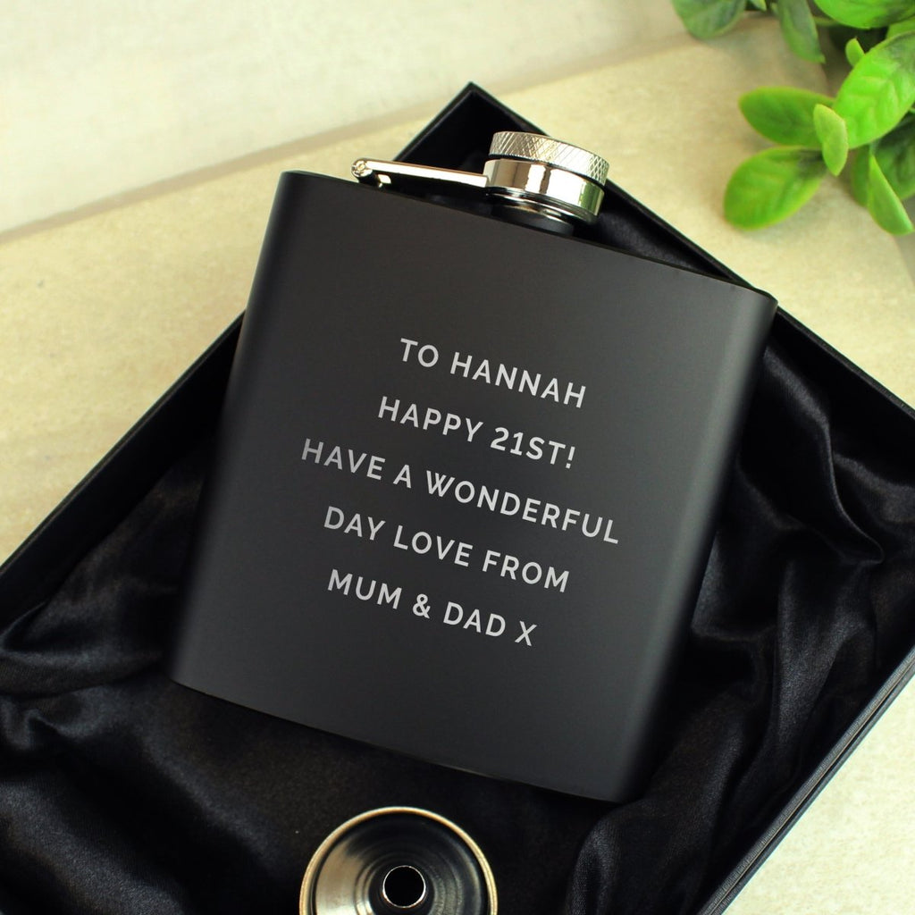 Personalised Free Text Black Hip Flask, Father's day Gift for Men - Engraved Memories