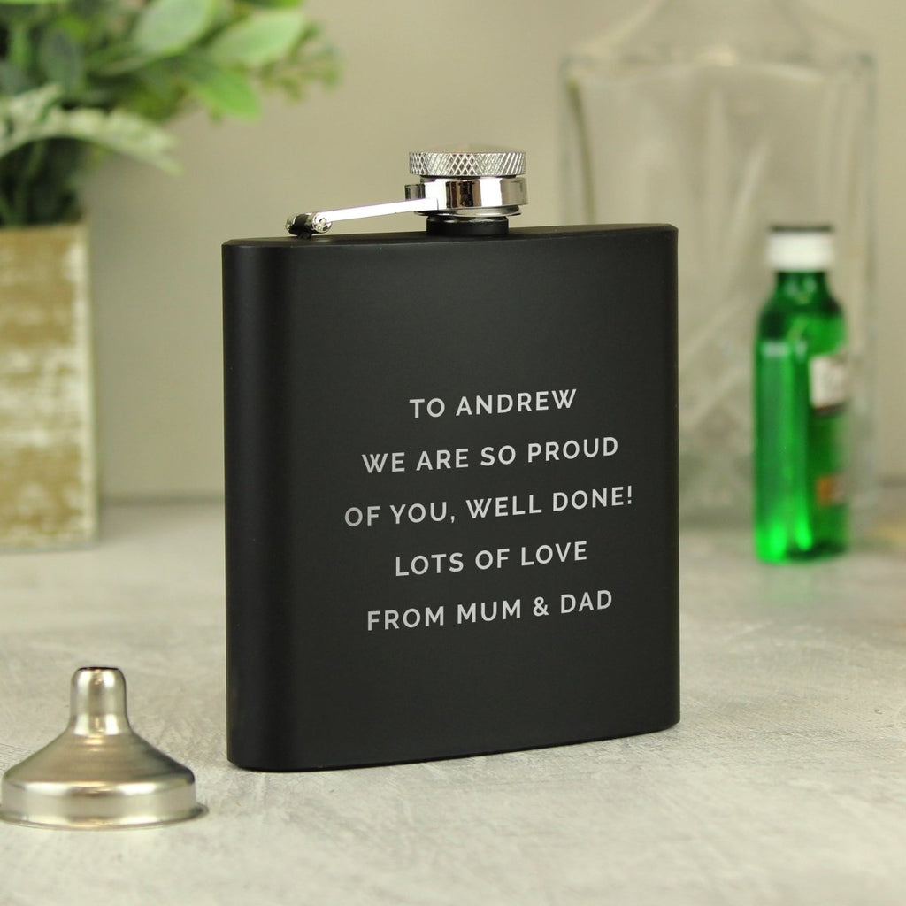 Personalised Free Text Black Hip Flask, Father's day Gift for Men - Engraved Memories