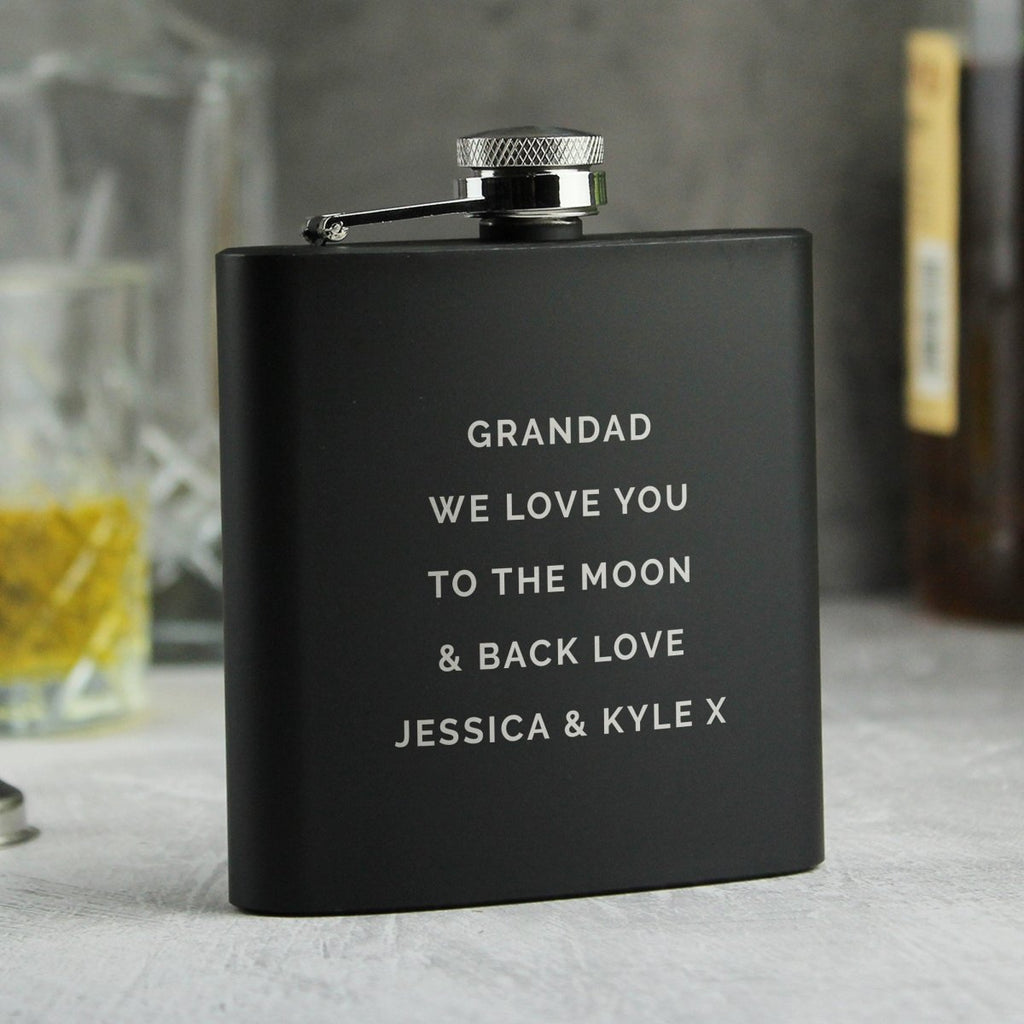 Personalised Free Text Black Hip Flask, Father's day Gift for Men - Engraved Memories