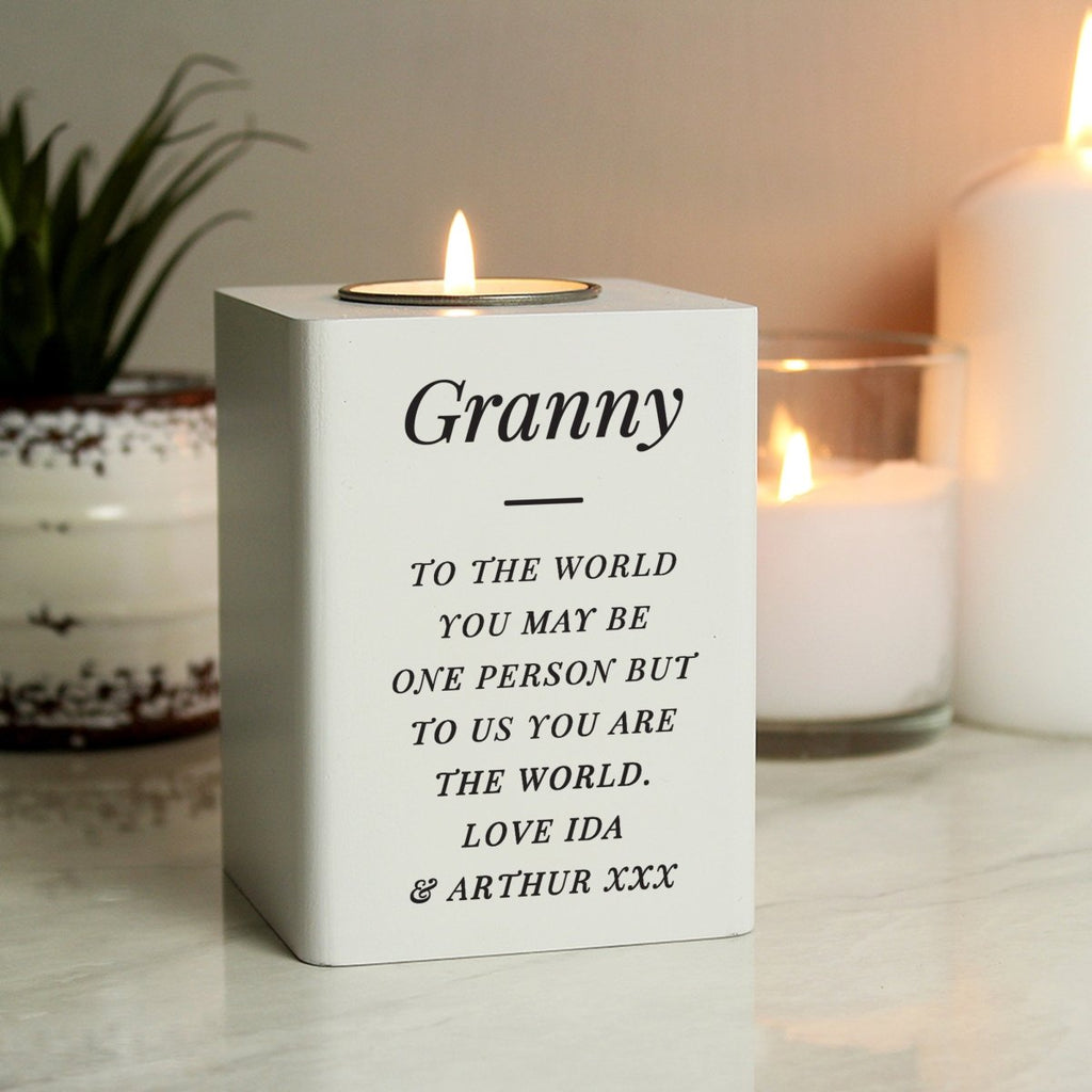 Personalised Free Text White Wooden Tea light Holder - Engraved Memories