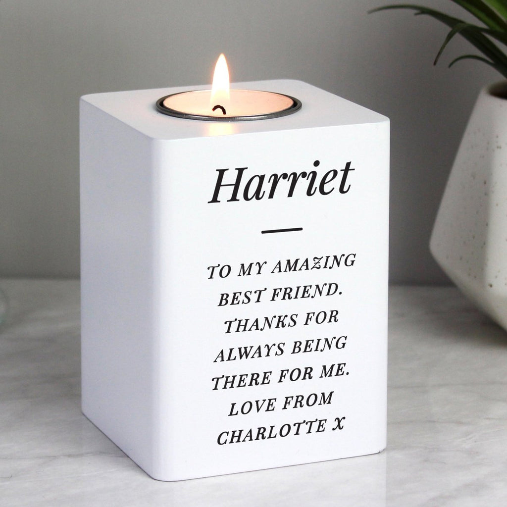 Personalised Free Text White Wooden Tea light Holder - Engraved Memories