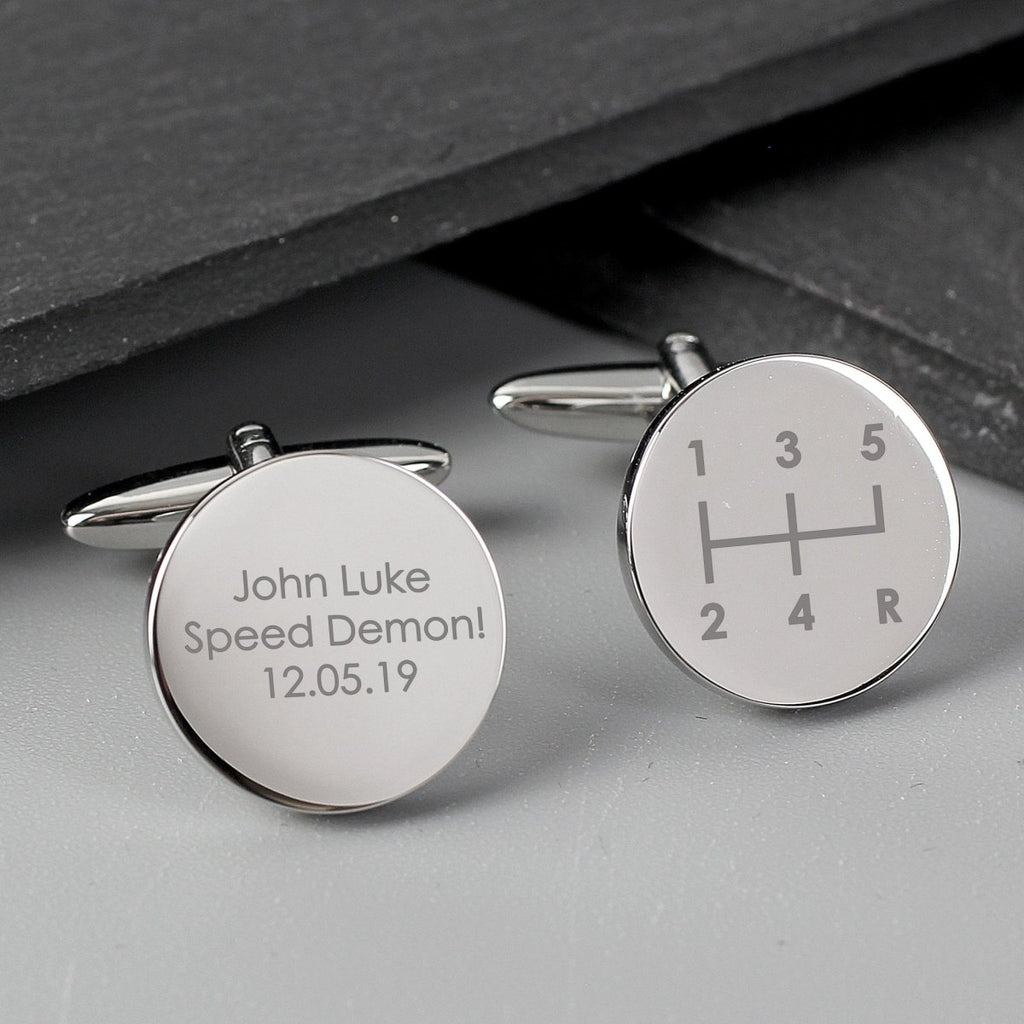 Personalised Gear Stick Round Cufflinks - Engraved Memories