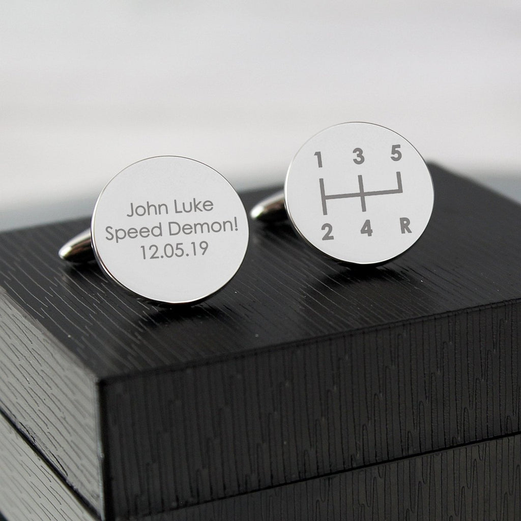 Personalised Gear Stick Round Cufflinks - Engraved Memories