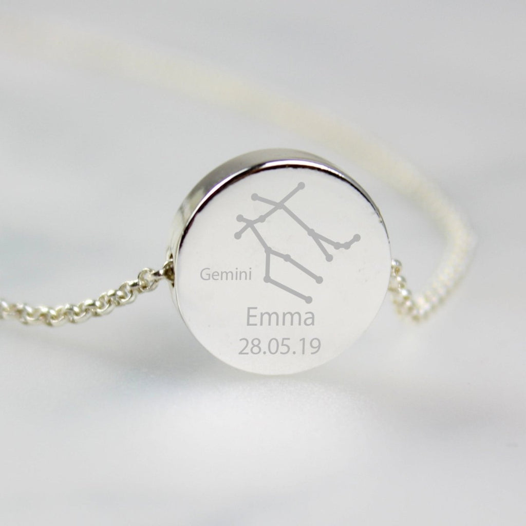 Personalised Gemini Zodiac Star Sign Silver Tone Necklace (May 21st - June 20th) - Engraved Memories