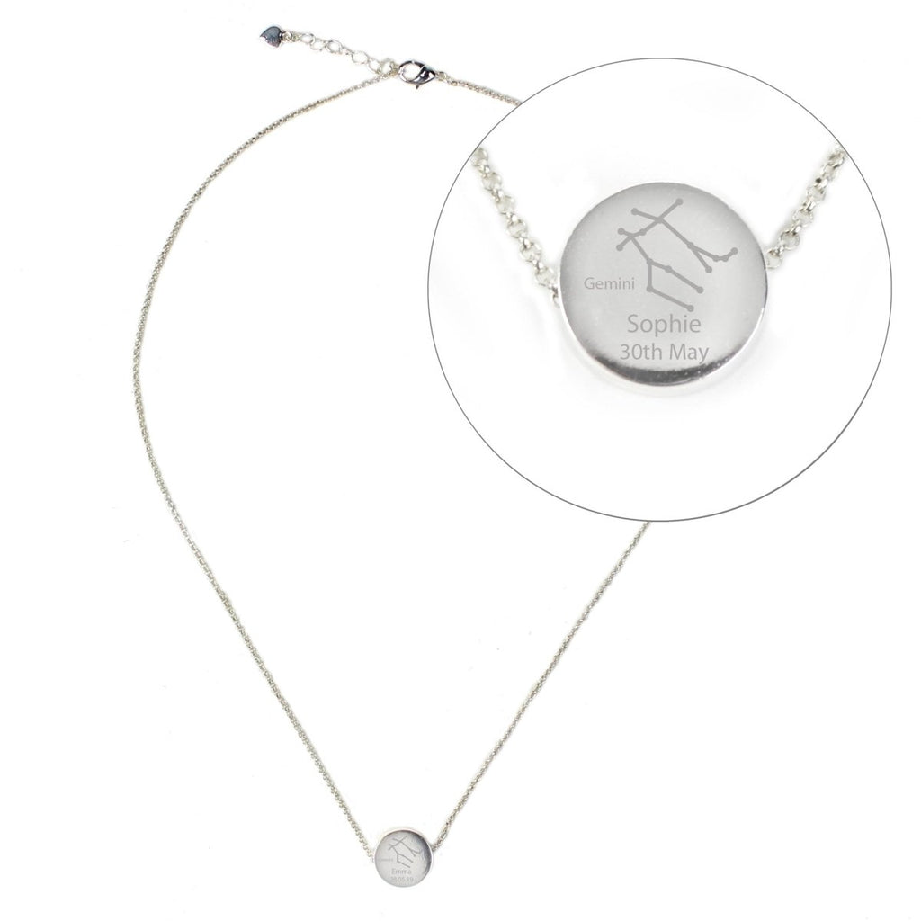 Personalised Gemini Zodiac Star Sign Silver Tone Necklace (May 21st - June 20th) - Engraved Memories