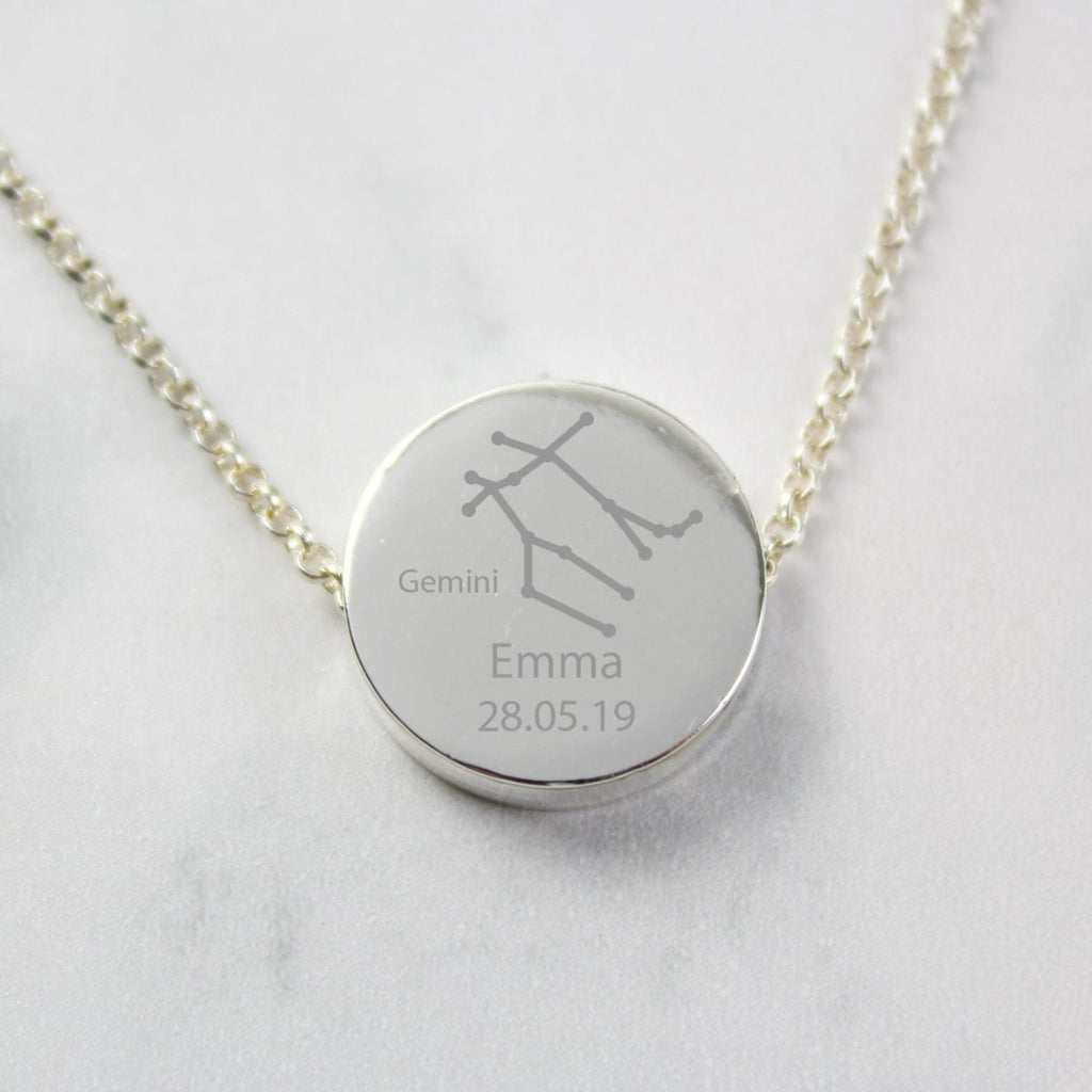 Personalised Gemini Zodiac Star Sign Silver Tone Necklace (May 21st - June 20th) - Engraved Memories