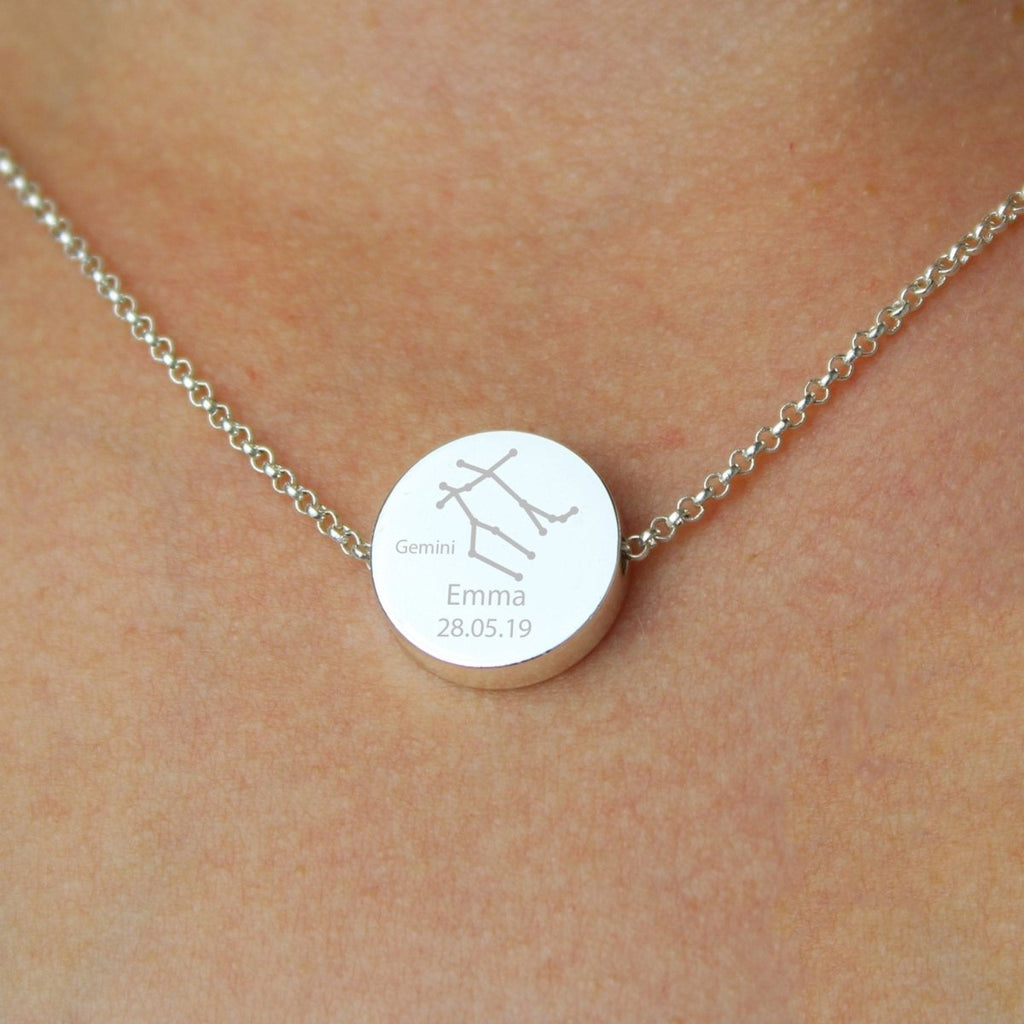 Personalised Gemini Zodiac Star Sign Silver Tone Necklace (May 21st - June 20th) - Engraved Memories