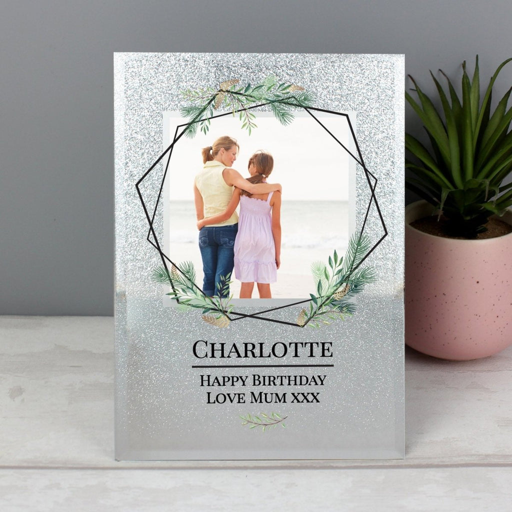 Personalised Geo Leaves 4x4 Glitter Glass Photo Frame - Engraved Memories