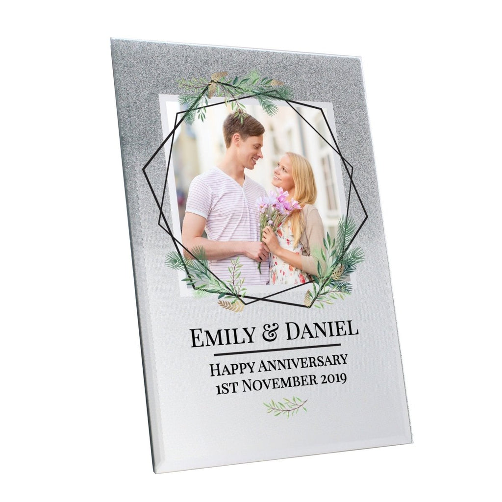 Personalised Geo Leaves 4x4 Glitter Glass Photo Frame - Engraved Memories